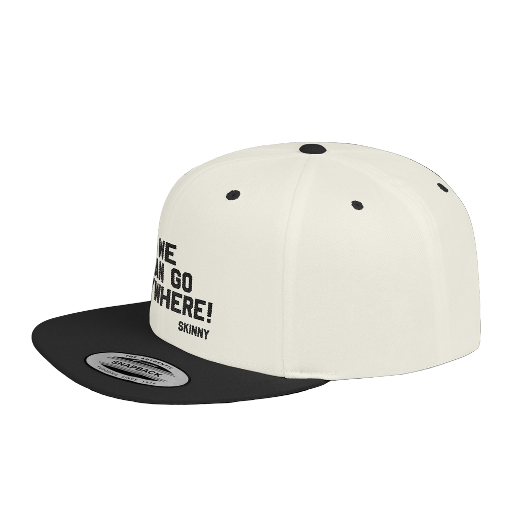 White and black cap with text on a white background