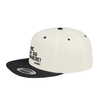 White and black cap with text on a white background