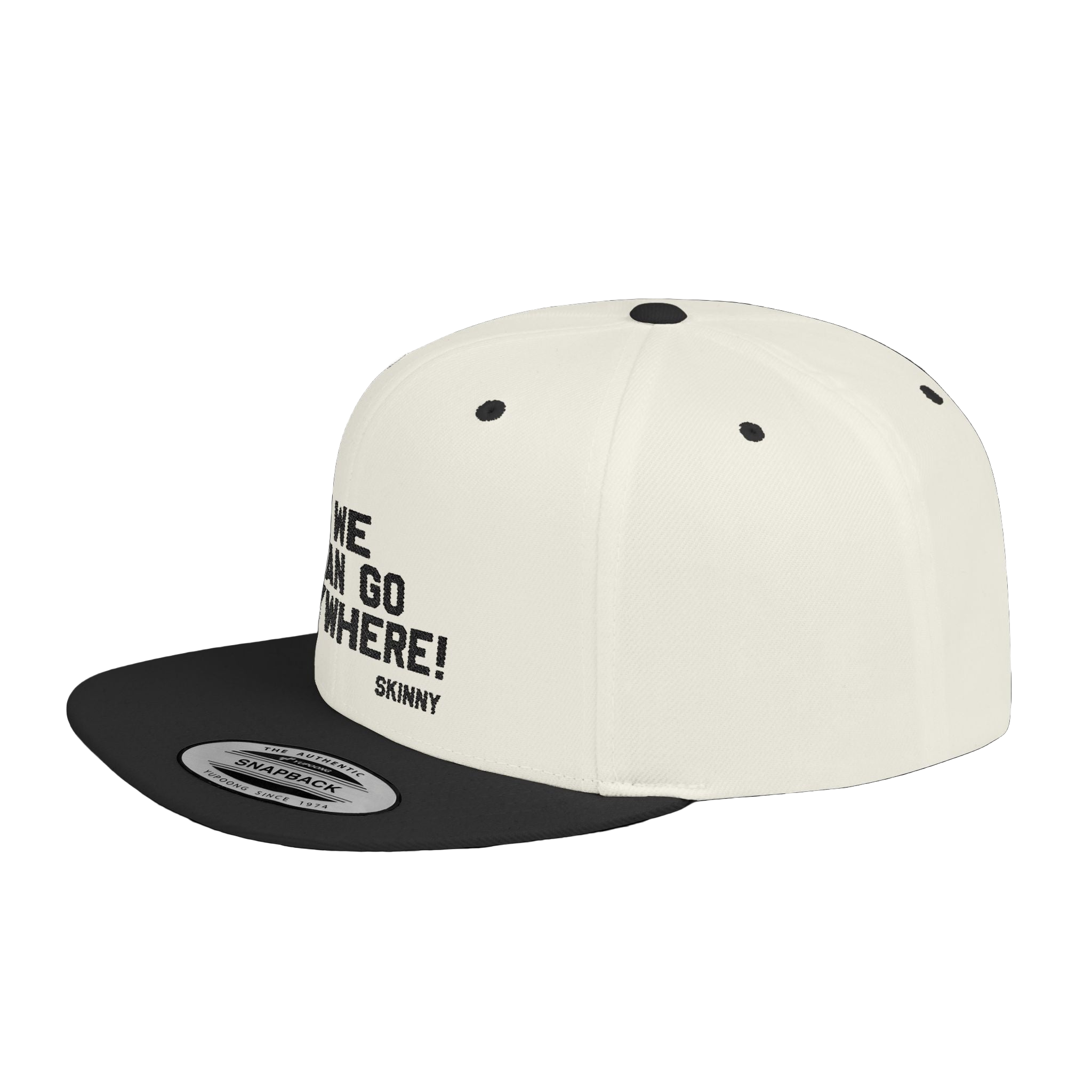 White and black cap with text on a white background