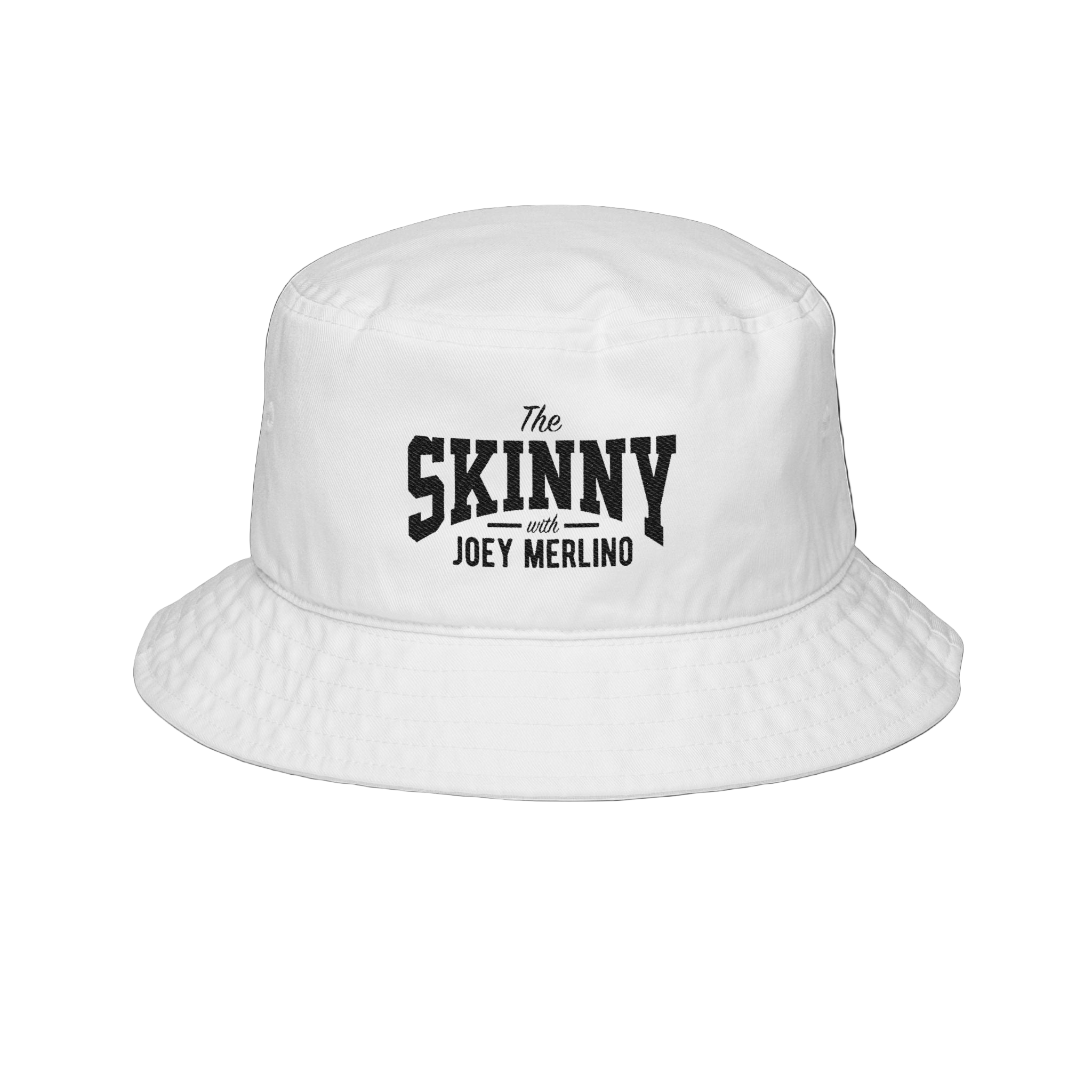 White bucket hat with 'The Skinny with Joey Merlin' text on a white background