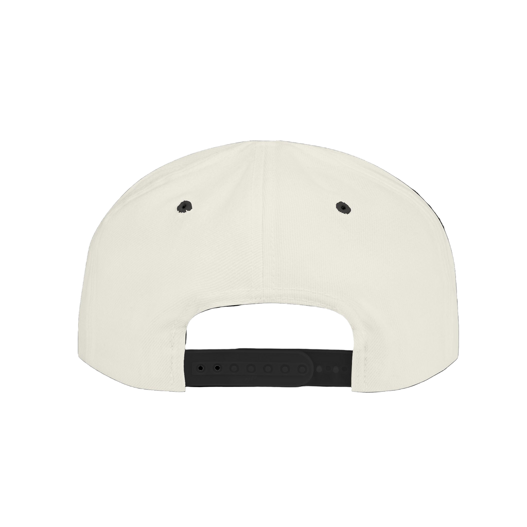 White cap with black brim on a white background