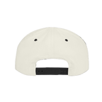 White cap with black brim on a white background