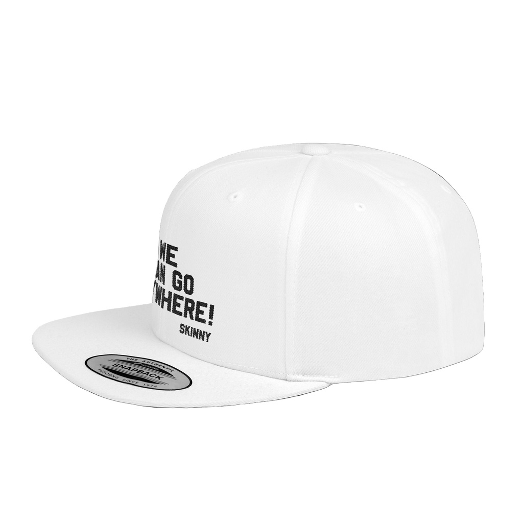 White cap with black text on a white background
