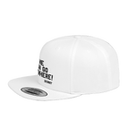 White cap with black text on a white background