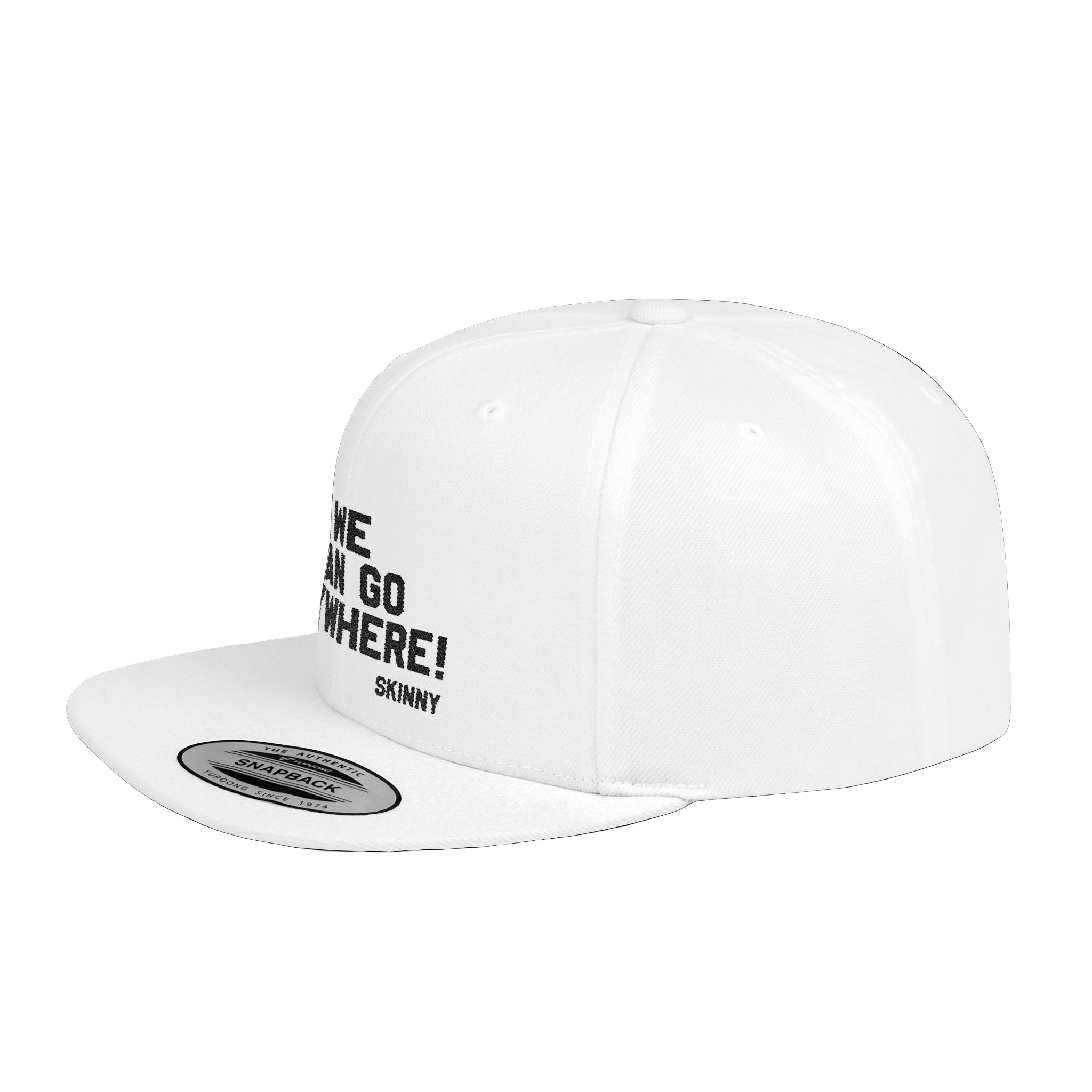 White cap with black text on a white background