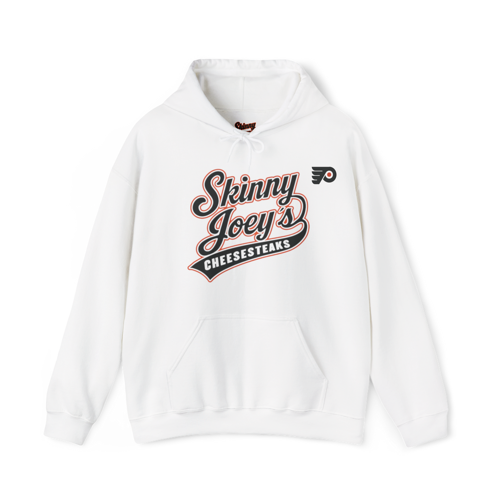 White hoodie with 'Skinny Joey's Cheesesteaks' text and logo on a white background