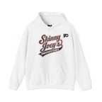 White hoodie with 'Skinny Joey's Cheesesteaks' text and logo on a white background
