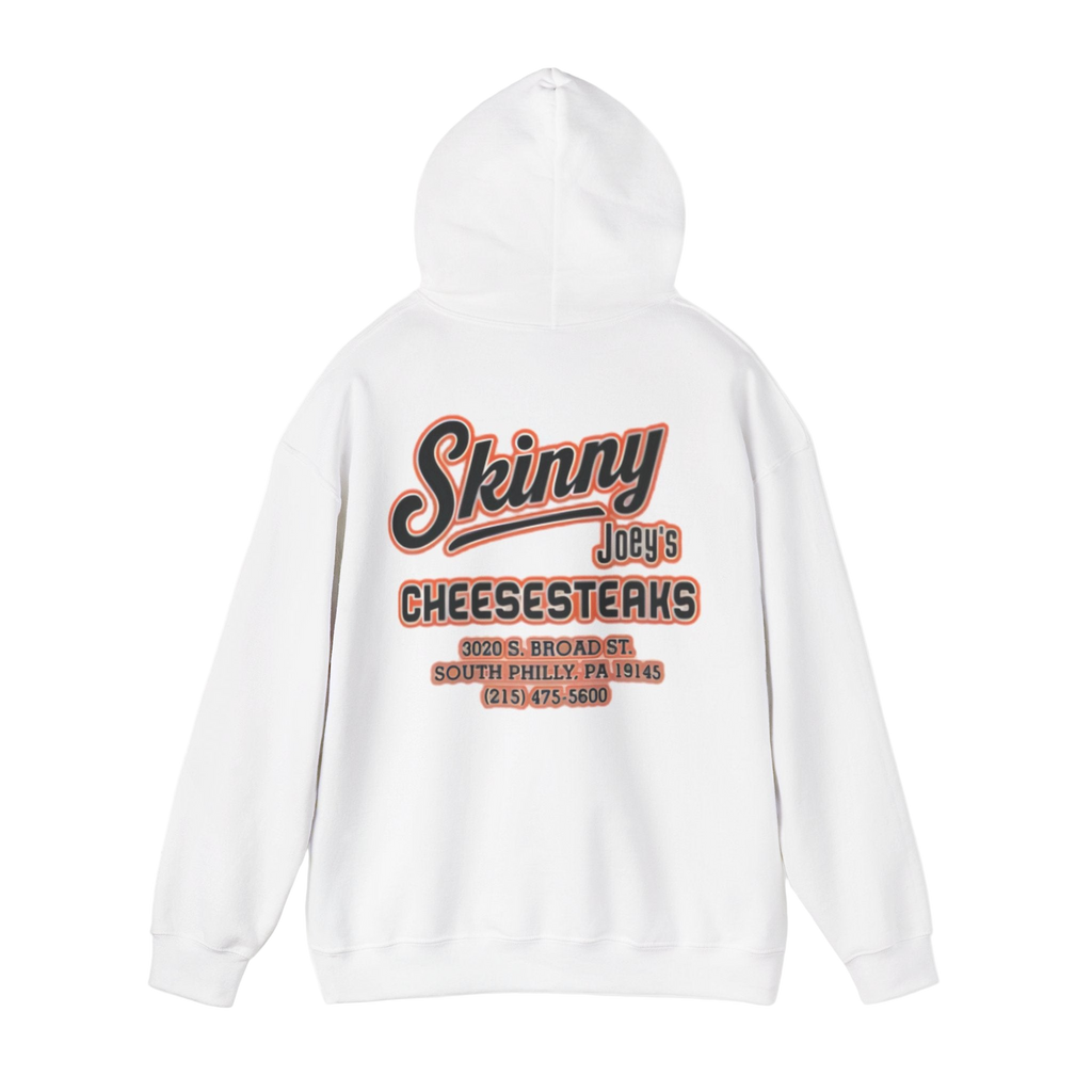 White hoodie with 'Skinny Joey's Cheesesteaks' text on a white background