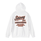 White hoodie with 'Skinny Joey's Cheesesteaks' text on a white background