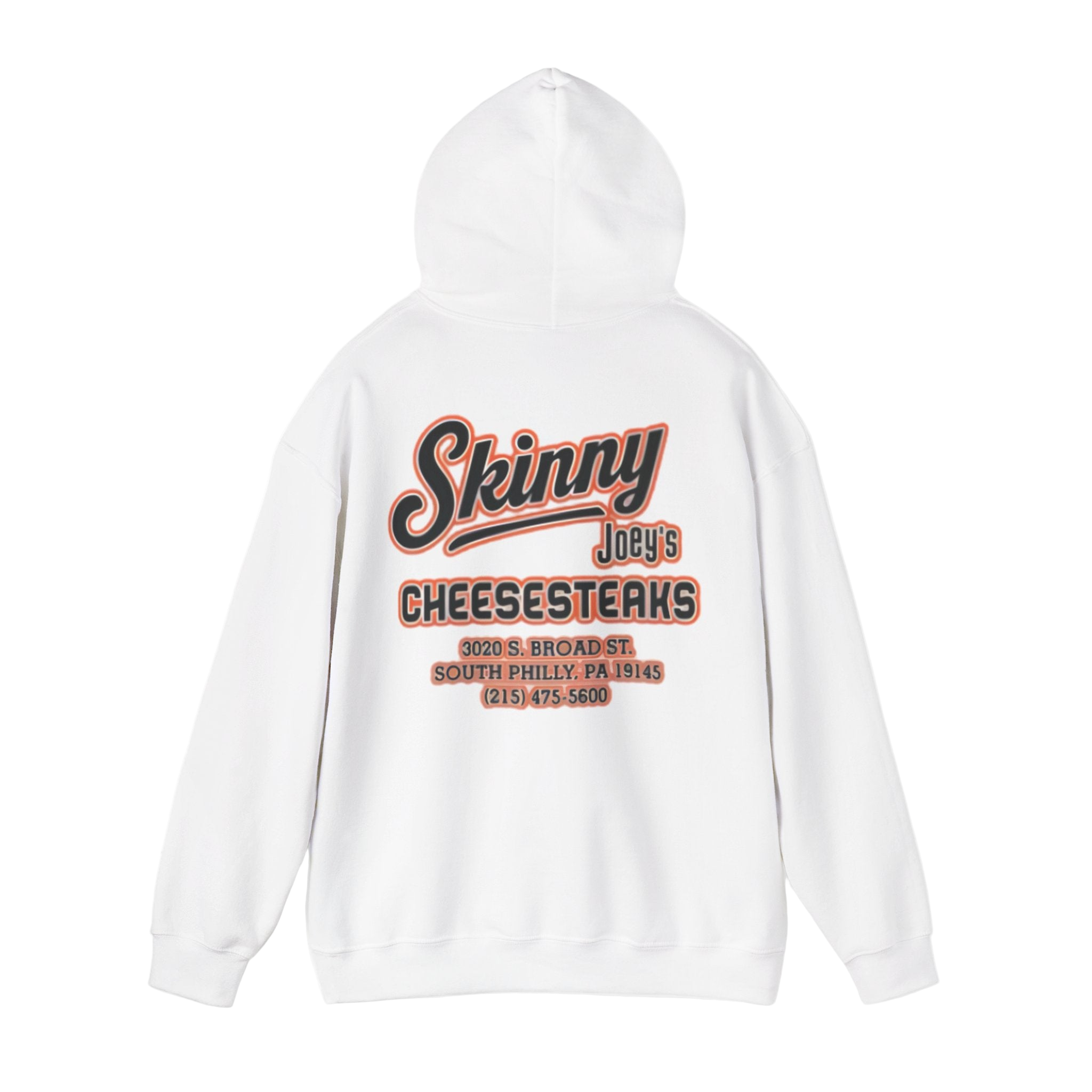 White hoodie with 'Skinny Joey's Cheesesteaks' text on a white background