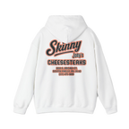White hoodie with 'Skinny Joey's Cheesesteaks' text on the back against a white background
