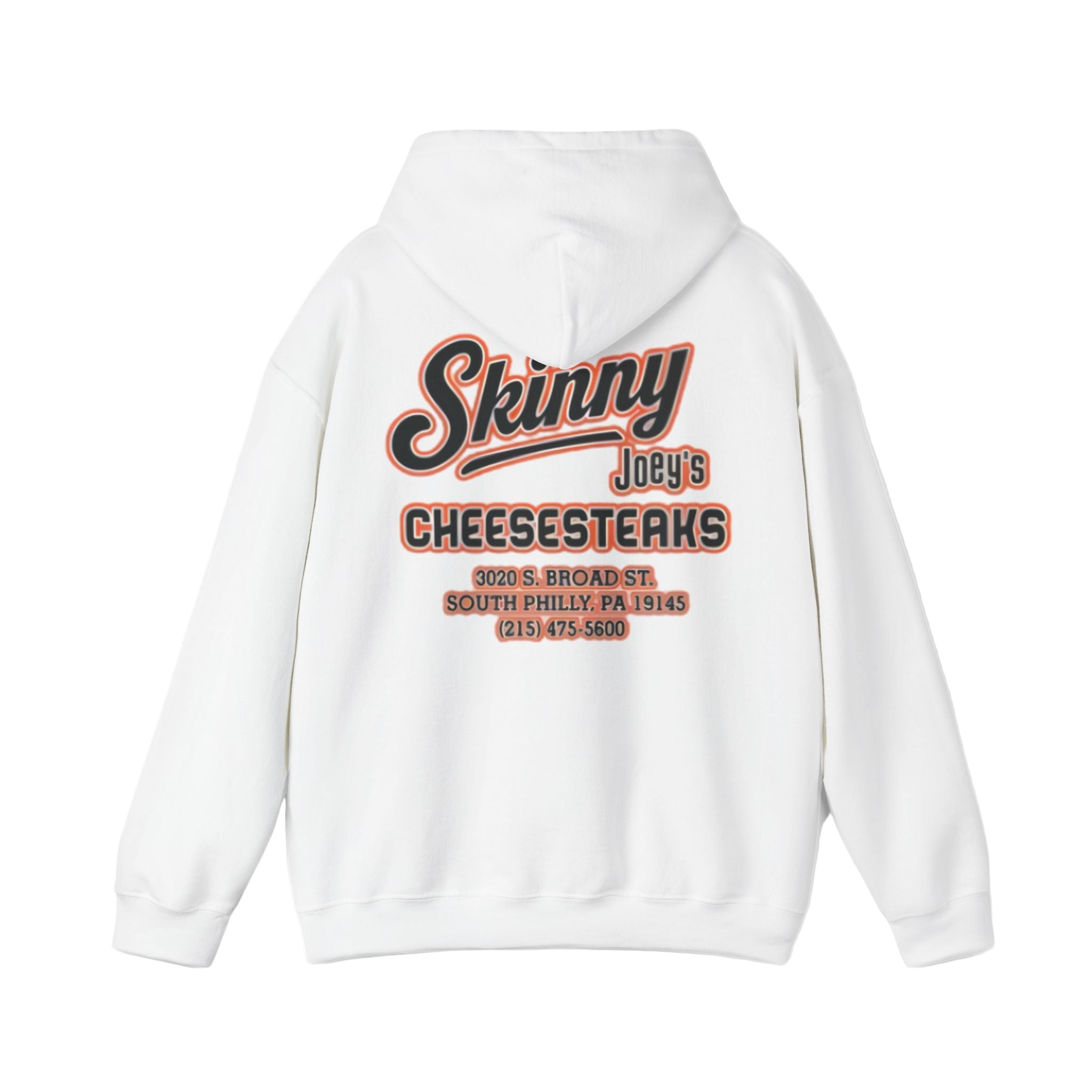 White hoodie with 'Skinny Joey's Cheesesteaks' text on the back against a white background