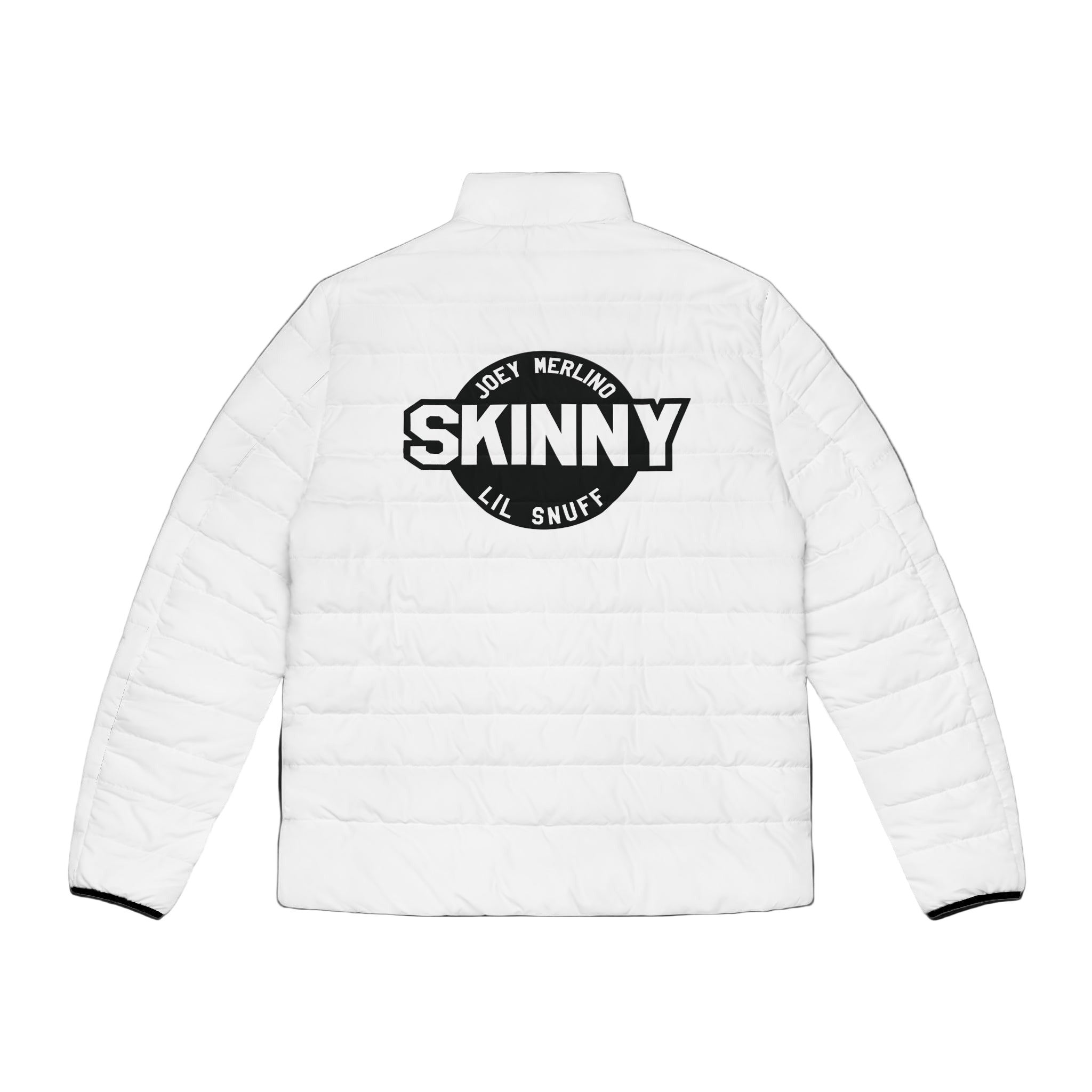 White puffer jacket with 'Skinny' logo on the back against a white background