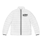 White puffer jacket with black zipper and 'The Skinny' logo on a white background