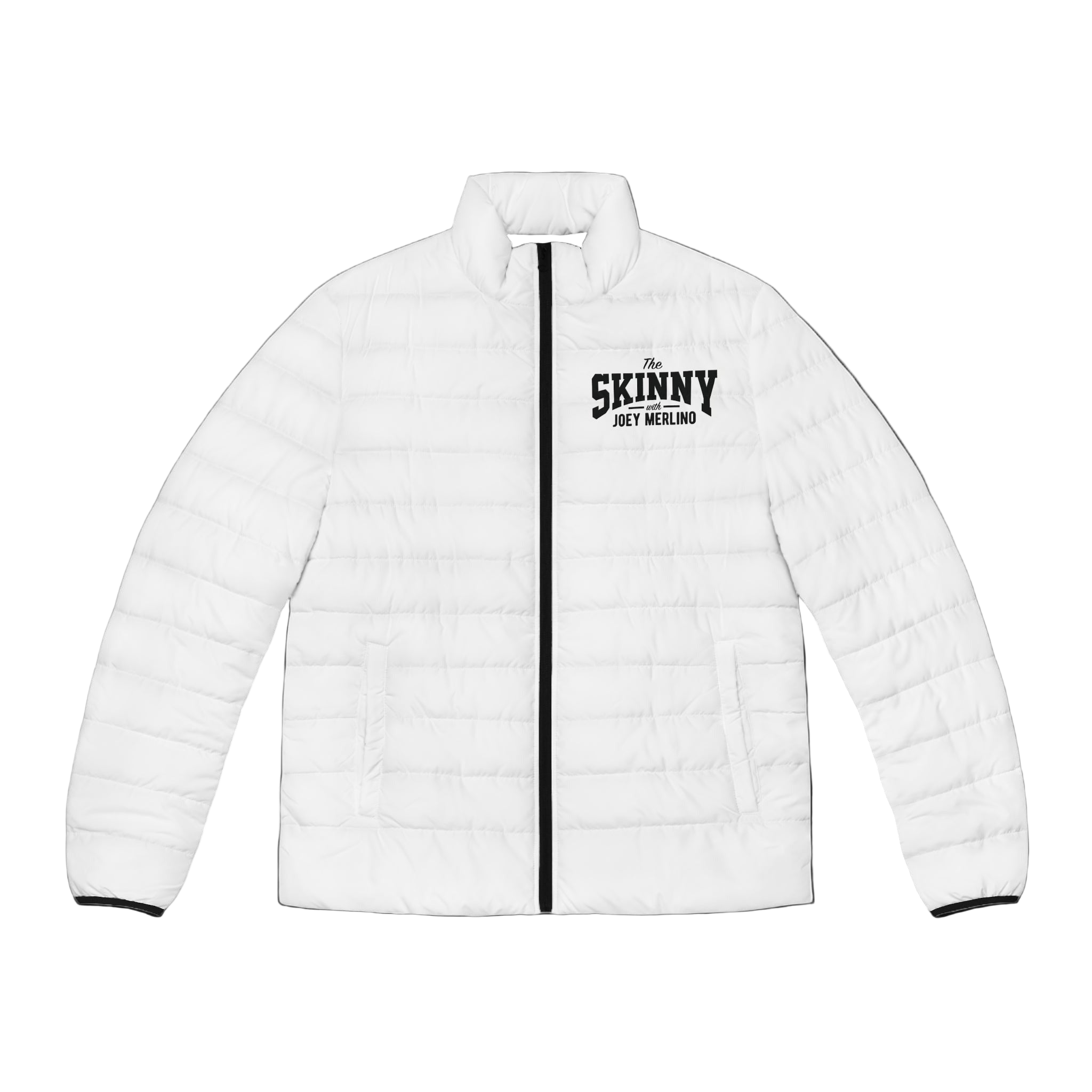 White puffer jacket with black zipper and 'The Skinny' logo on a white background