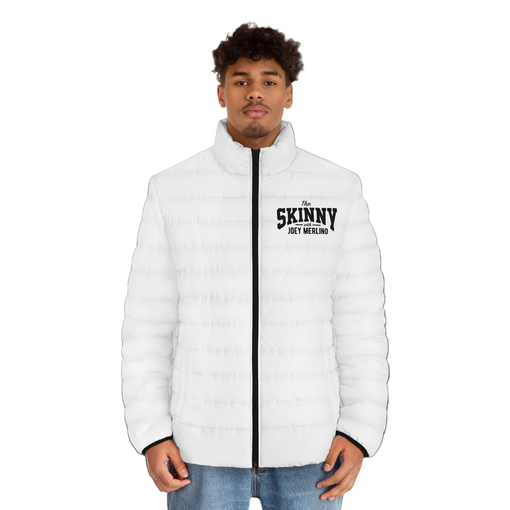 Person wearing a white puffer jacket with 'The Skinny' text on a white background