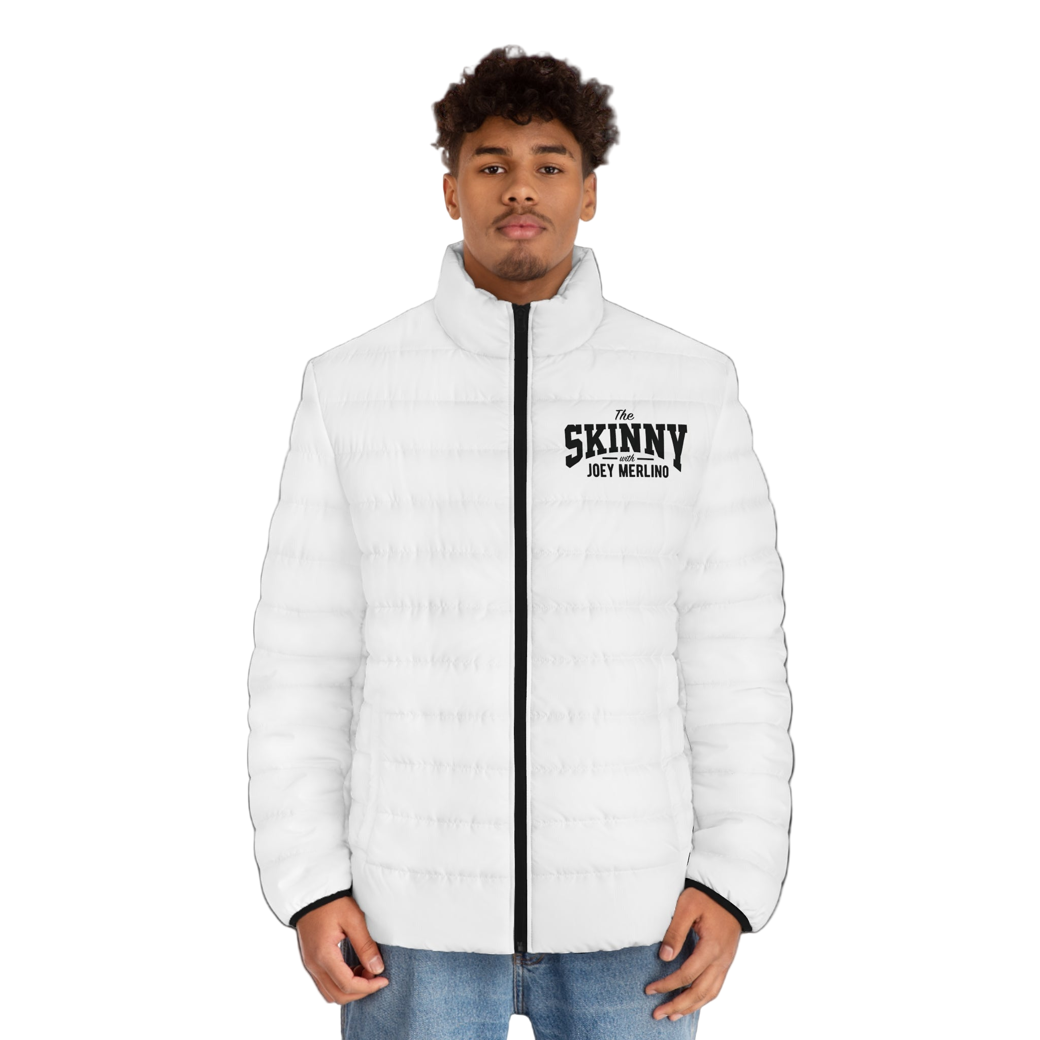 Person wearing a white puffer jacket with 'The Skinny' text on a white background