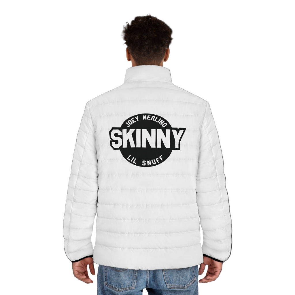 Person wearing a white puffer jacket with a logo on the back against a white background