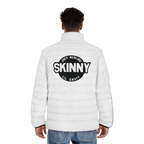 Person wearing a white puffer jacket with a logo on the back against a white background