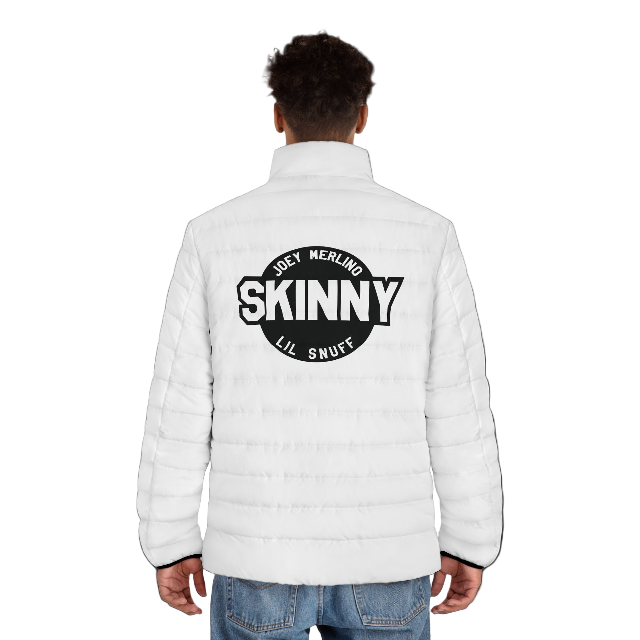 Person wearing a white puffer jacket with a logo on the back against a white background