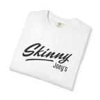 White t-shirt with 'Skinny Joey's' text on a white background