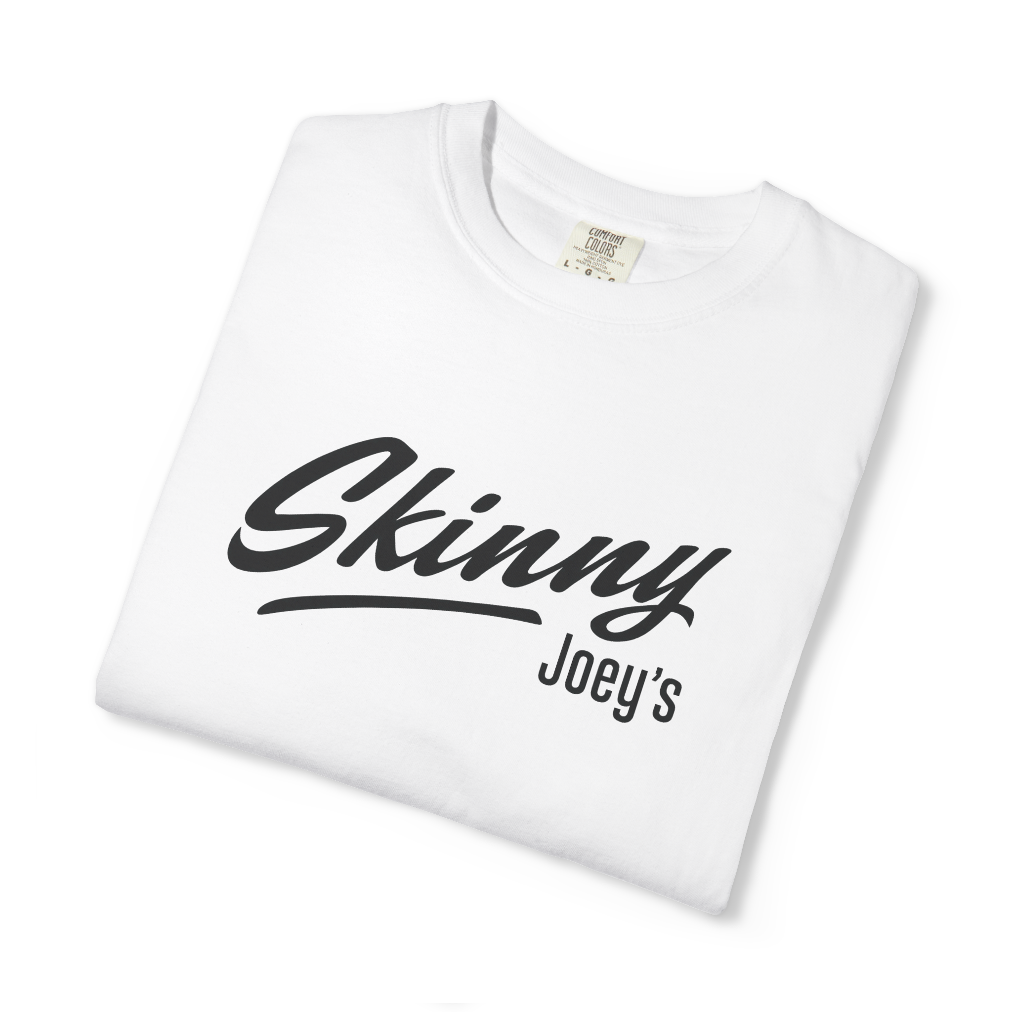 White t-shirt with 'Skinny Joey's' text on a white background