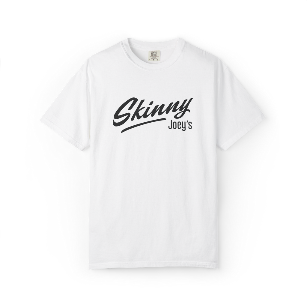 White t-shirt with 'Skinny Joey's' text on a white background