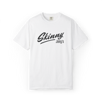 White t-shirt with 'Skinny Joey's' text on a white background