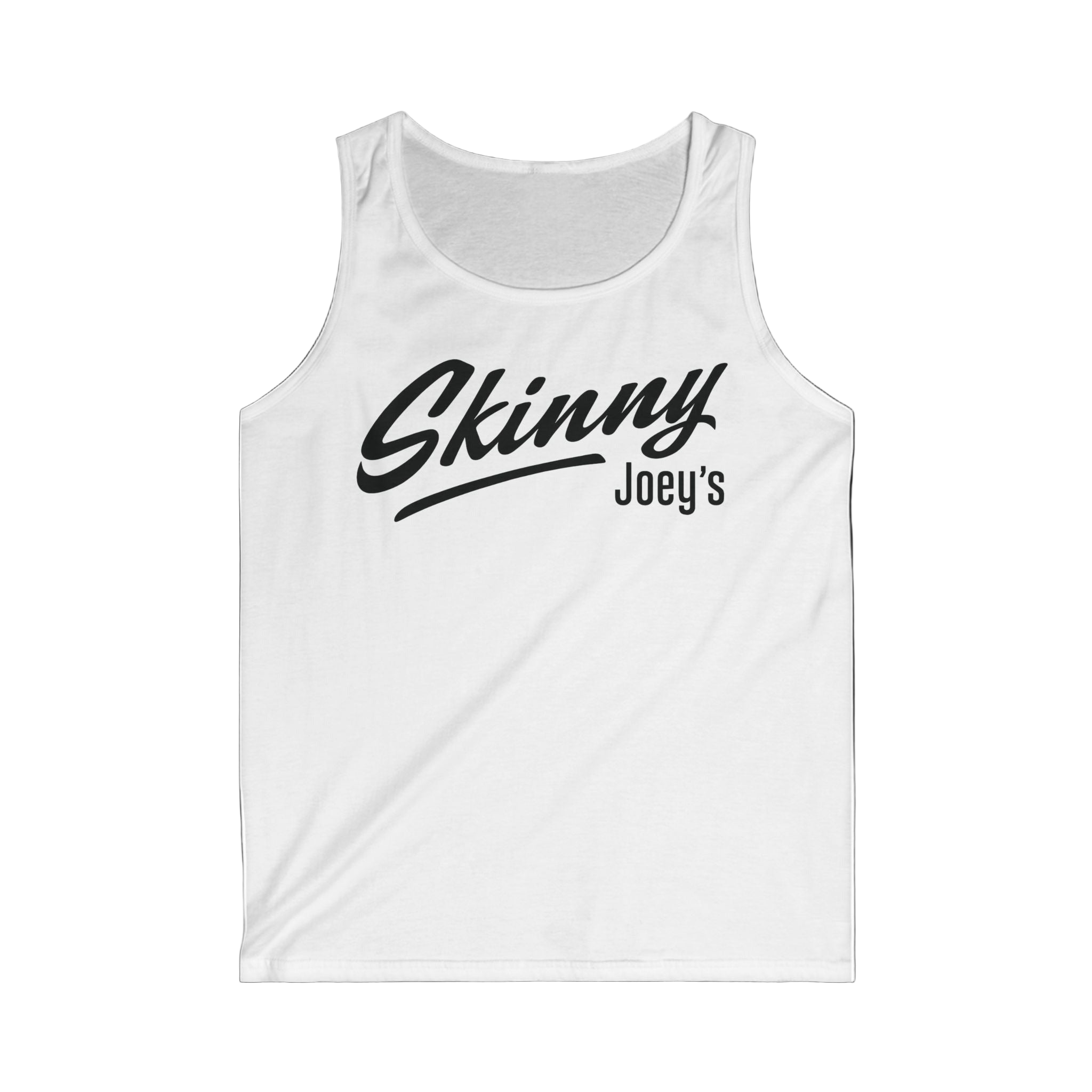 White tank top with 'Skinny Joey's' text on a white background