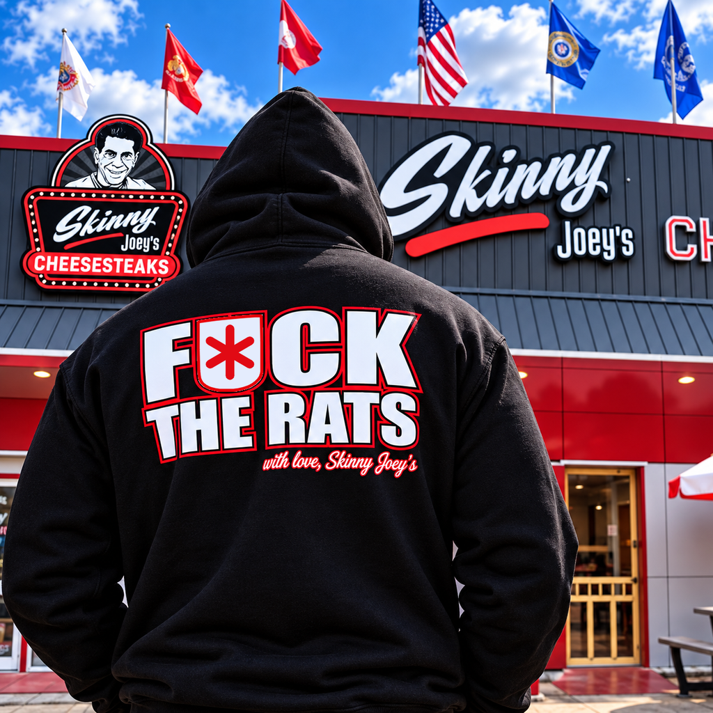 F*ck The Rats Hoodie Pullover in black, back graphic, Skinny Joey's Cheesesteaks apparel