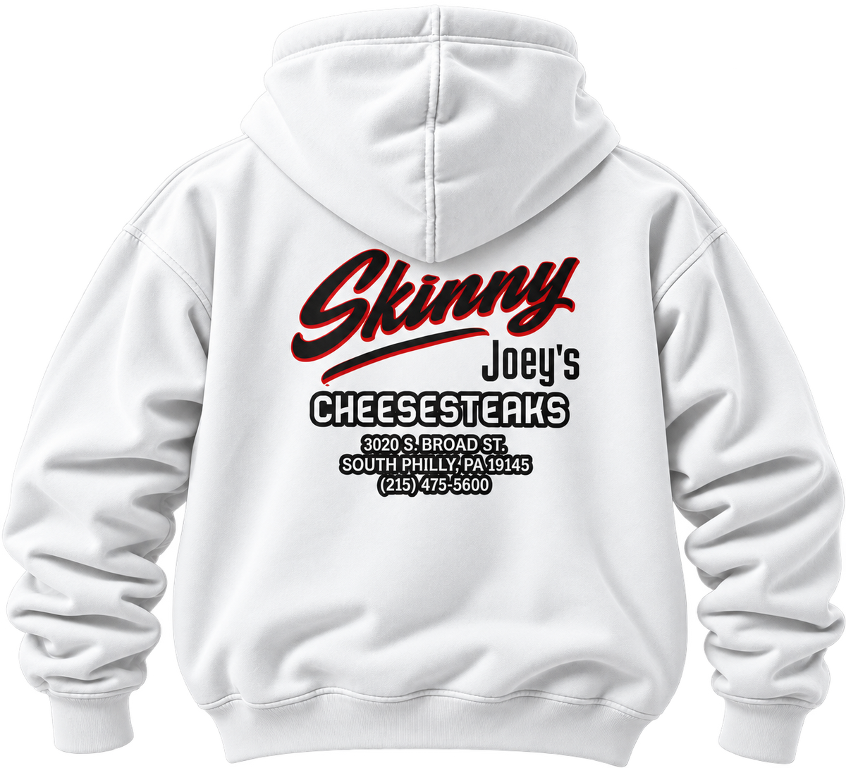Skinny Joey's Cheesesteaks Logo Hoodie, White, back