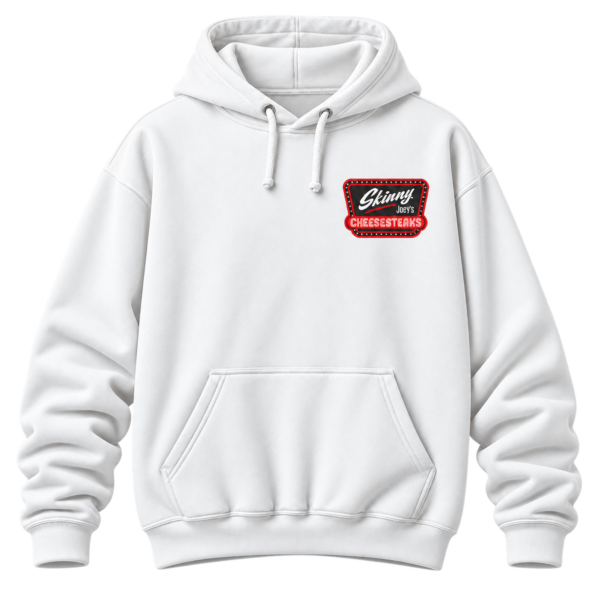 Skinny Joey's Cheesesteaks Logo Hoodie, White, front