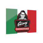 Italian flag with 'Skinny Joey's Cheesesteaks' logo and portrait on a white background