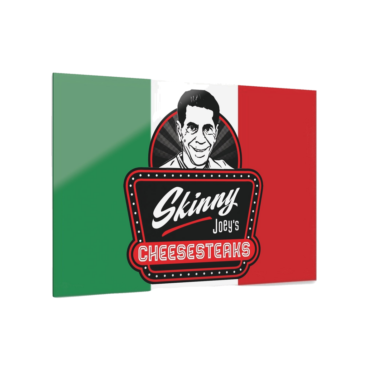 Italian flag with 'Skinny Joey's Cheesesteaks' logo and portrait on a white background