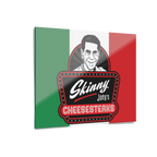 Metallic sign with 'Skinny Joey's Cheesesteaks' logo on a green, white, and red background