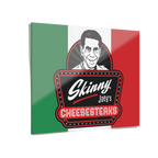 Italian flag with a logo for 'Skinny Joey's Cheesesteaks' on a white background