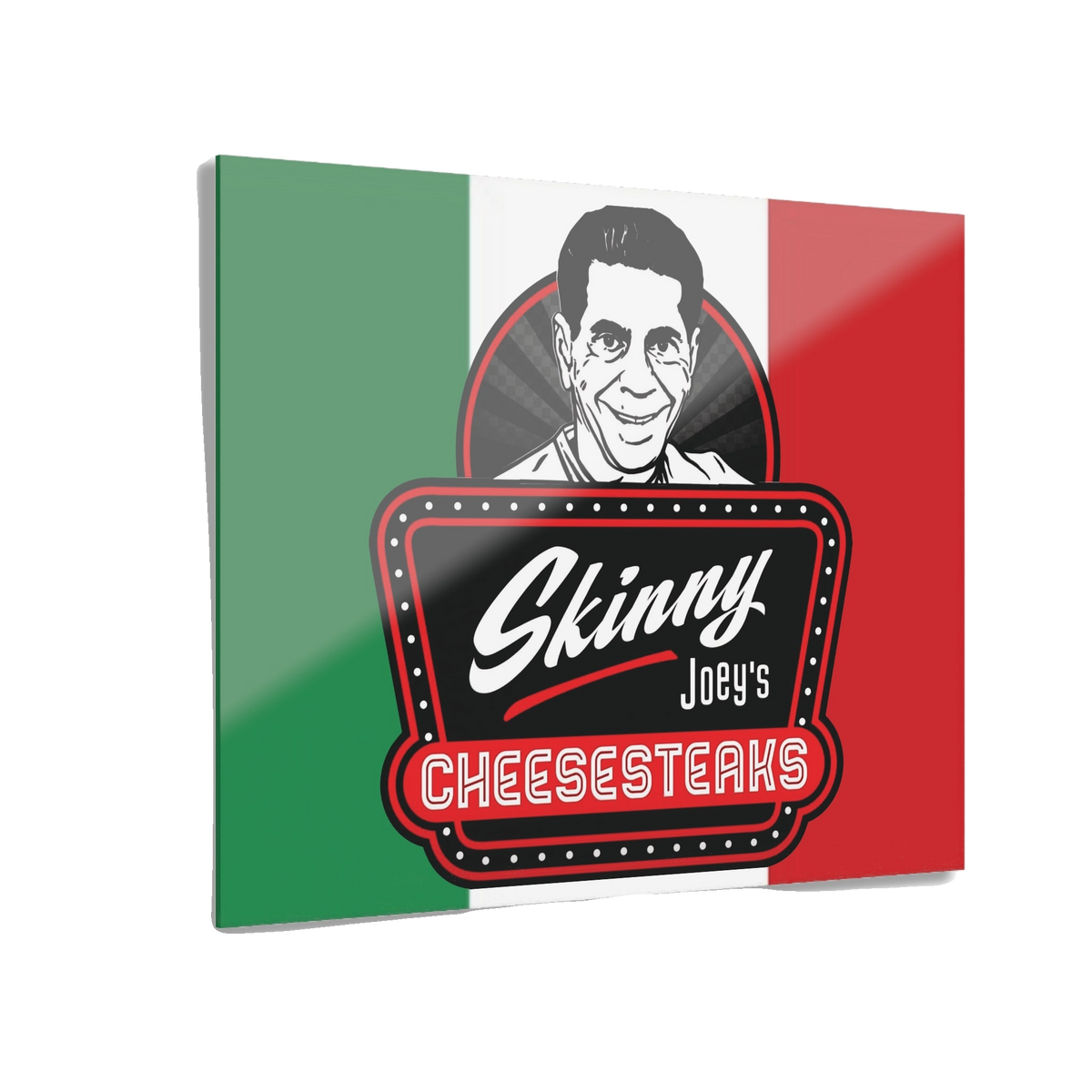 Italian flag with a logo for 'Skinny Joey's Cheesesteaks' on a white background