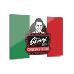 Flag with 'Skinny Joey's Cheesesteaks' logo and a person's face on a white background