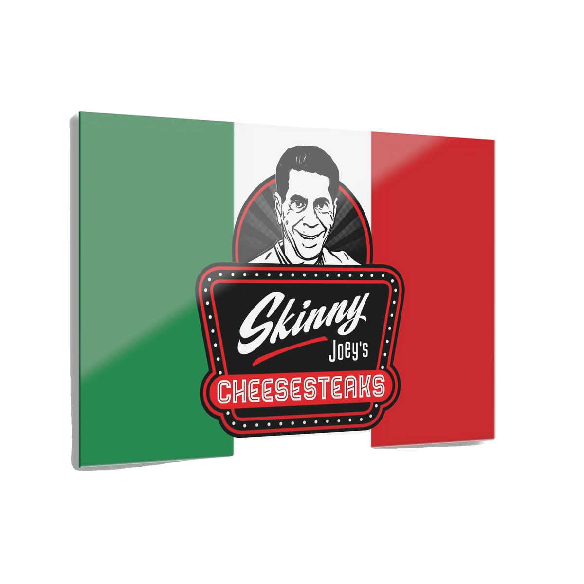 Flag with 'Skinny Joey's Cheesesteaks' logo and a person's face on a white background