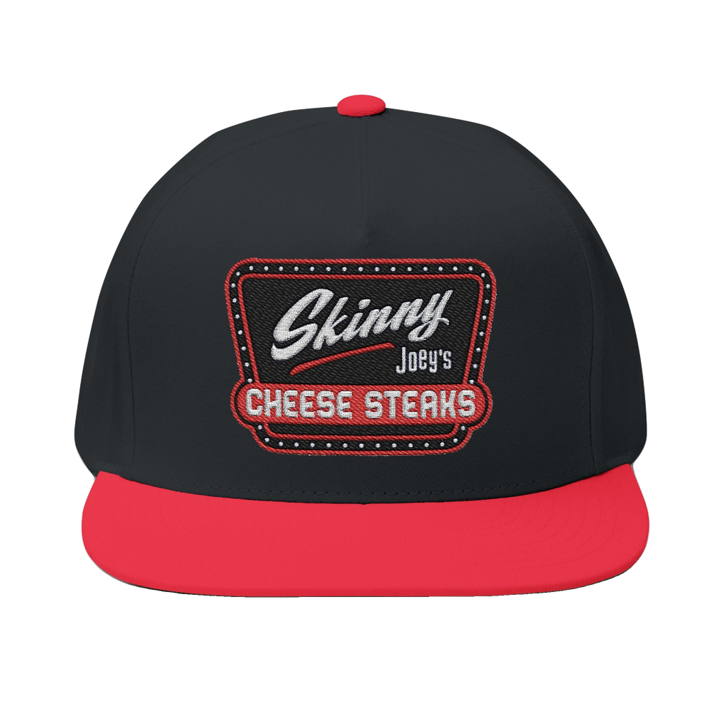 Skinny Joey's embroidered flat bill cap in black and red, Philadelphia streetwear