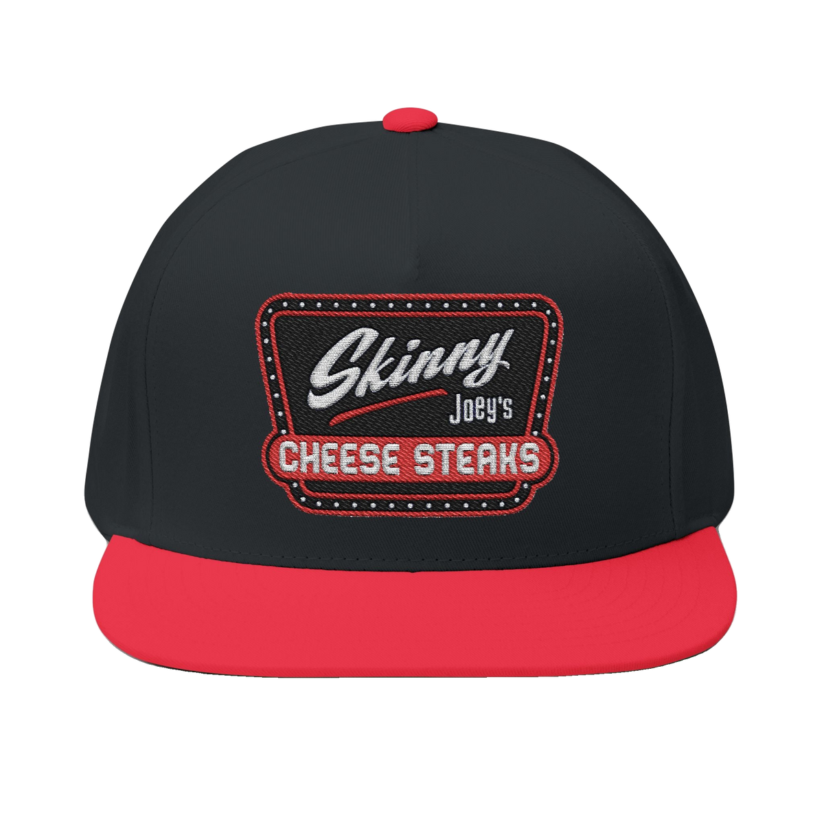 Skinny Joey's embroidered flat bill cap in black and red, Philadelphia streetwear