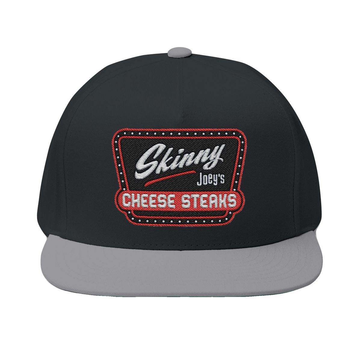 Skinny Joey's embroidered flat bill cap in black and grey, The Skinny Podcast with Joey Merlino & Lil Snuff merch