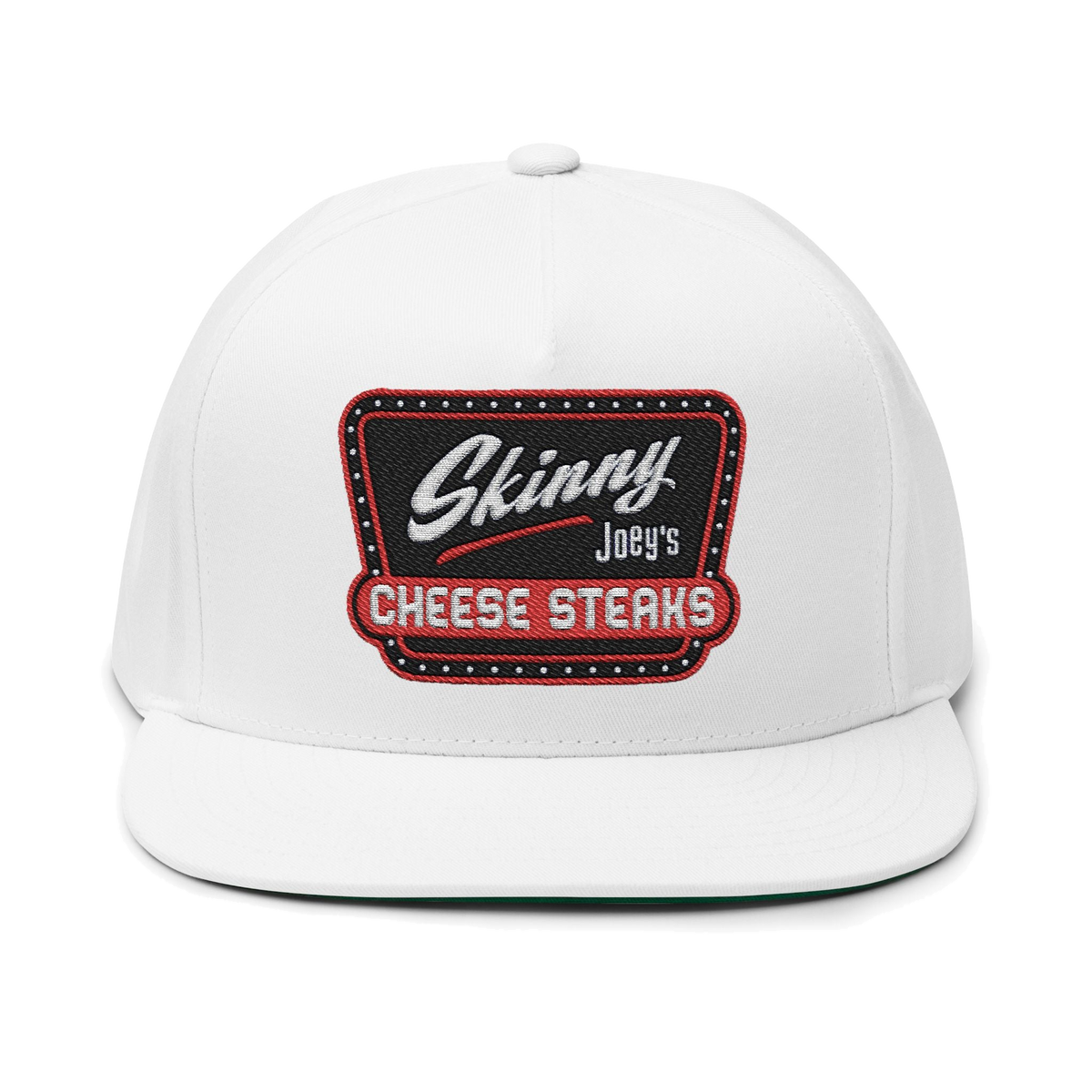 Skinny Joey's embroidered flat bill cap in white, Philadelphia streetwear
