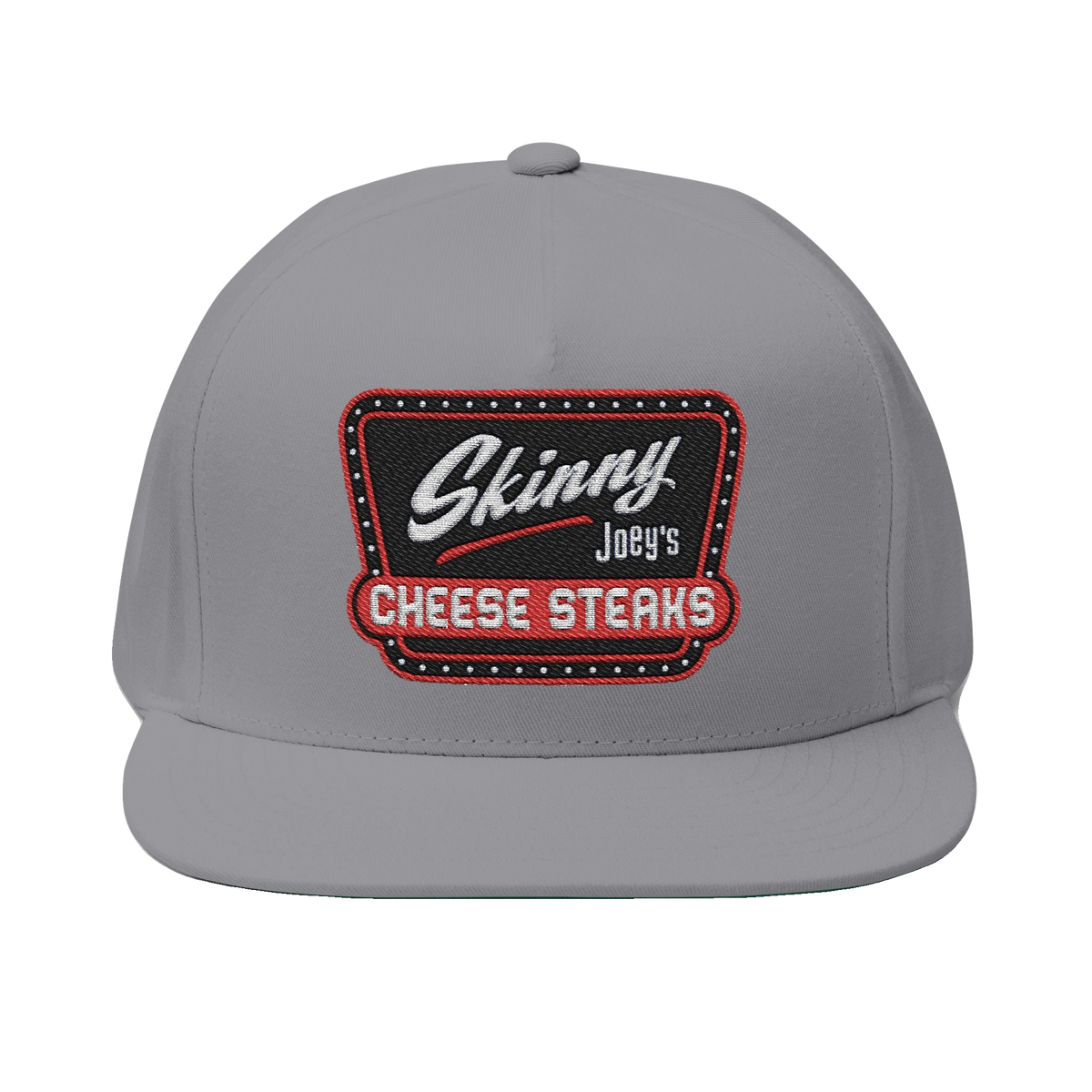 Skinny Joey's embroidered flat bill cap in grey, Skinny Joey's Cheesesteaks apparel