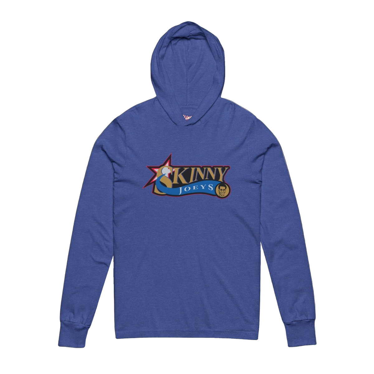Sixers hooded long sleeve tee in heather true royal, The Skinny Podcast with Joey Merlino & Lil Snuff merch