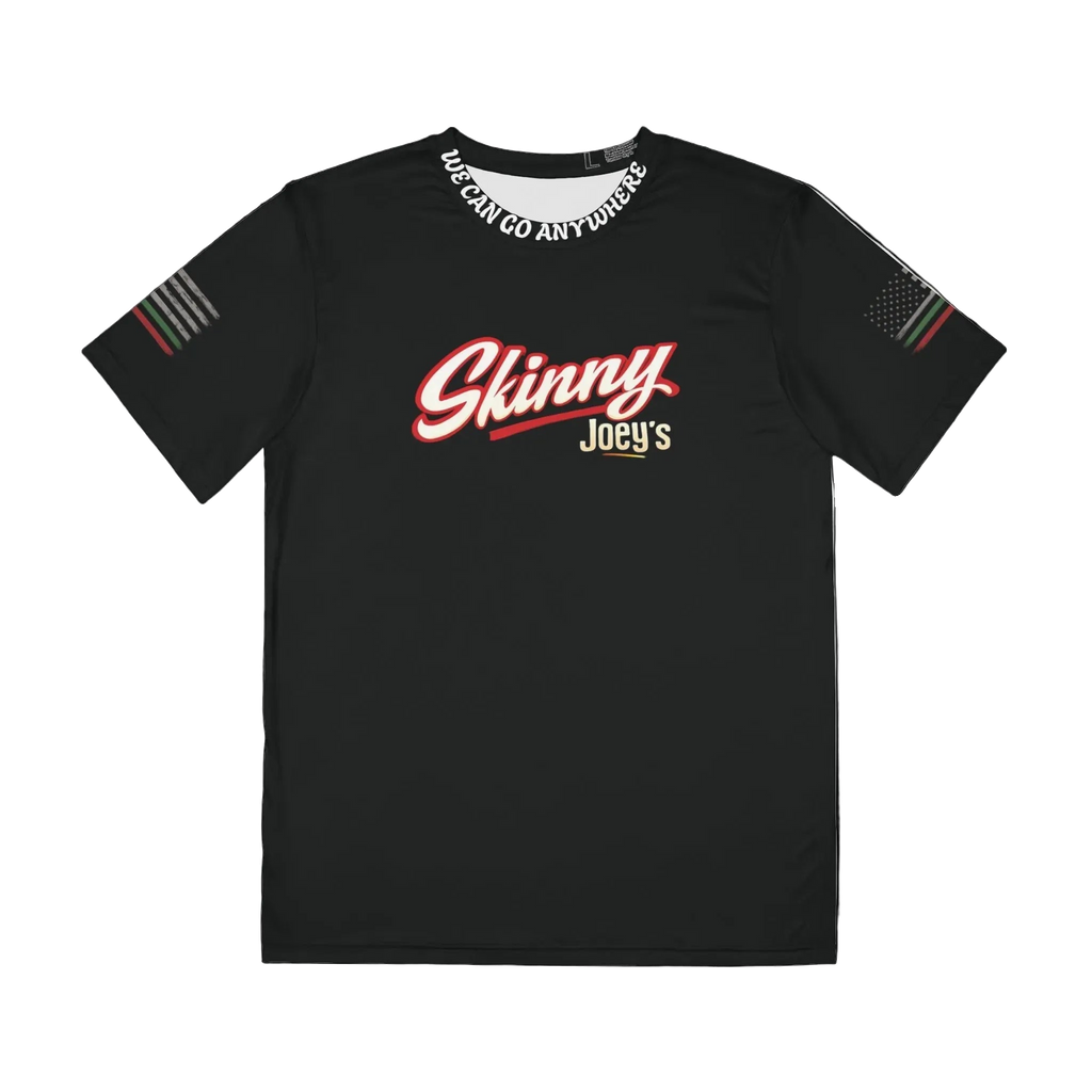 Skinny Joey's signature script athletic tee in black, The Skinny with Joey Merlino podcast merch