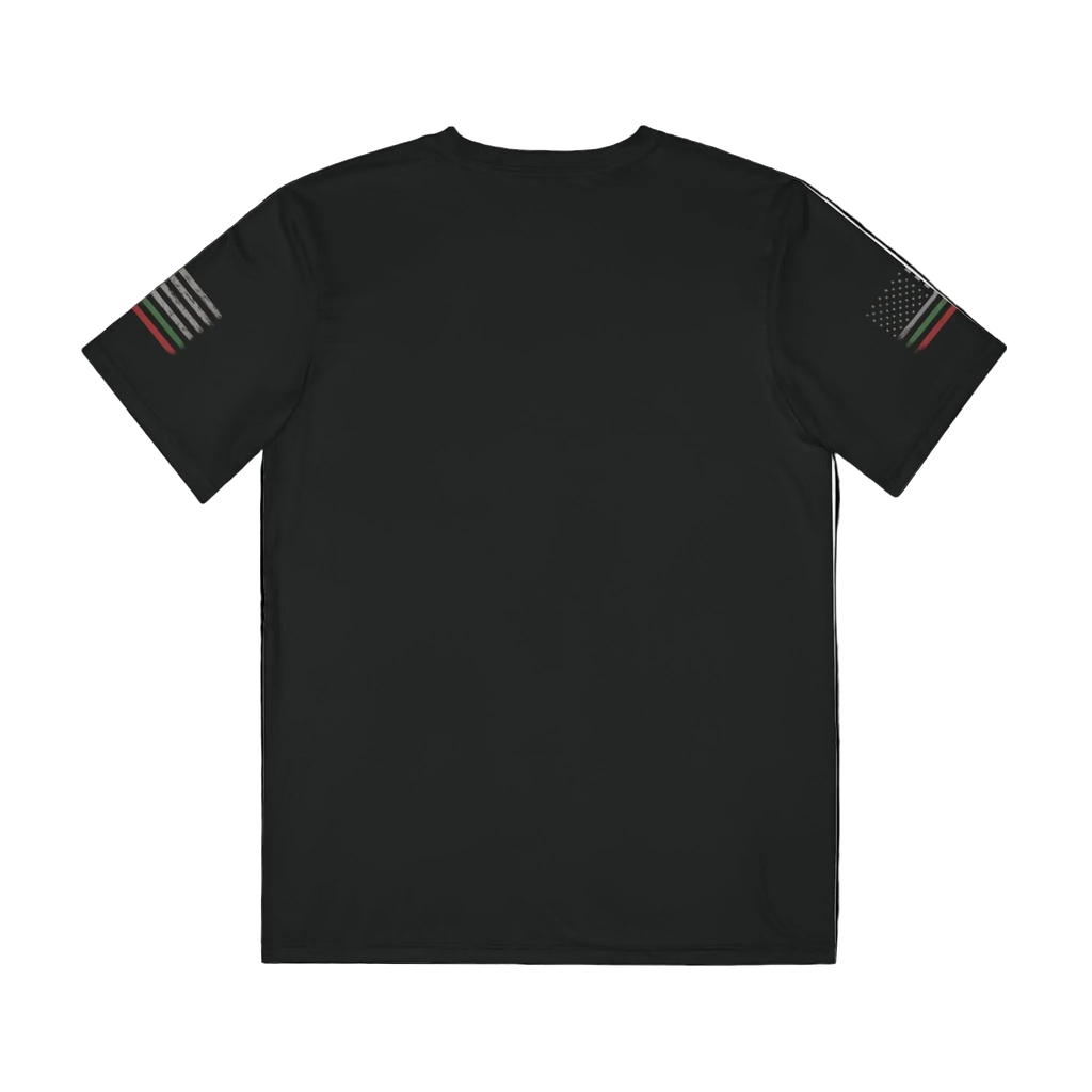 Black t-shirt with small flag designs on sleeves against a white background