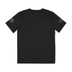 Black t-shirt with small flag designs on sleeves against a white background