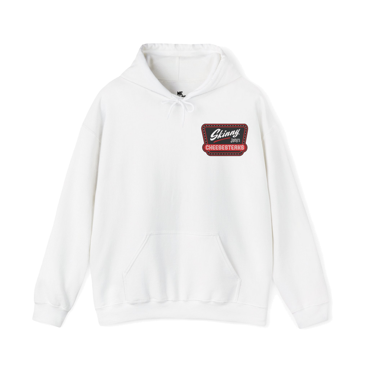 Skinny Joey's Cheesesteaks logo hoodie in white, Philly culture apparel