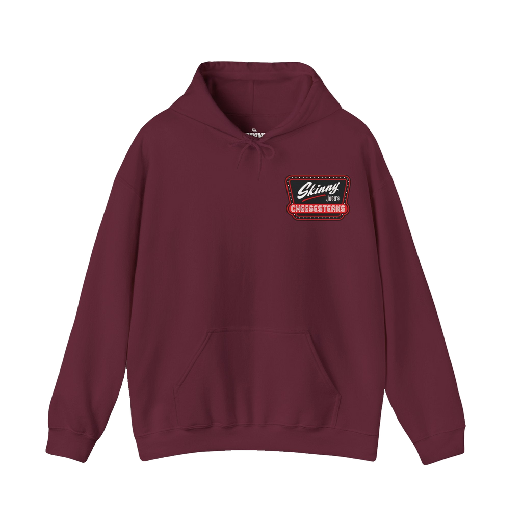 Skinny Joey's Cheesesteaks logo hoodie in maroon, South Philly streetwear